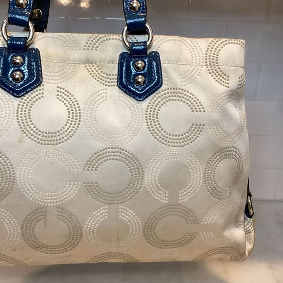 Coach Ashley Dotted OpArt Tan /Navy Blue Canvas/Patent Leather Carry All Satchel - Picture 5 of 14